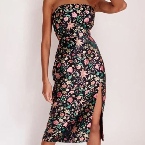 Lulus Dresses & Skirts - Lulu's Make a Move Black Satin Floral Jacquard Strapless Midi Dress